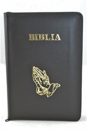 Biblia mica, coperta piele, maro închis, index, fermoar, margini aurii,  simbolul maini, cuv. lui Isus in rosu [047 PFI]