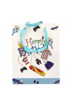 Punga medie pentru cadouri - Motiv Happy Birthday ( albastru deschis )