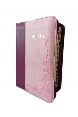 Biblie marime mica, din piele ecologica, culoare mov | roz, fermoar, index, margini argintate, cuv. Isus rosu [SI 046 ZTI]