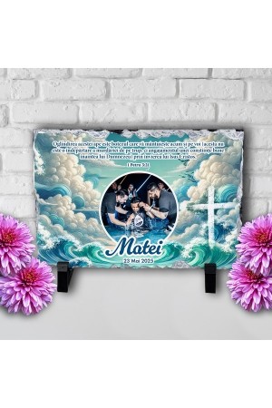 Placă ardezie personalizată cu verset biblic, poză, nume și dată – Botez