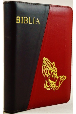 Biblie din piele, marime medie, culoare, negru cu roșu, simbol maini in rugaciune, fermoar, index, margini aurii, cuv. lui Isus cu rosu [SB 057 PFI]