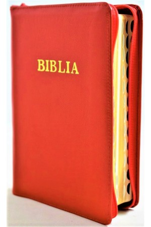 Biblie din piele, marime medie, rosie , simpla, fermoar, index, margini aurii, cuv. lui Isus cu rosu [SB 057 PFI]