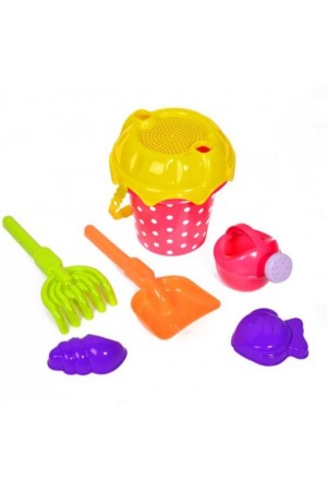 Set jucarii pentru nisip - Galeata, roz cu buline albe + 5 accesorii (16x18cm)