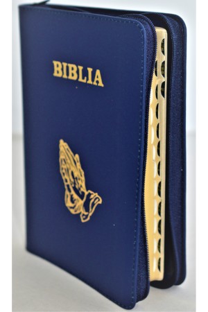 Biblie de lux, medie, din piele,albastru safir, index, aurita, fermoar, simbolul maini in ruga[SI 057 PFI] 