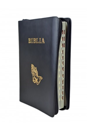 Biblie mare, piele, neagra, fermoar, index, margini argintii, simbol maini in ruga, cuv. Isus cu rosu [SI 073 PFI]