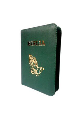 Biblia format mic, din piele, verde, index, fermoar, margini aurii, simbol - maini, cuv. lui Isus in rosu [047 PFI]