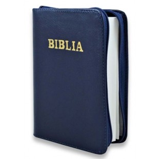 Biblia din piele, marime medie, culoare bleumarin, fermoar,margini albe, cuv. lui Isus cu rosu [053]