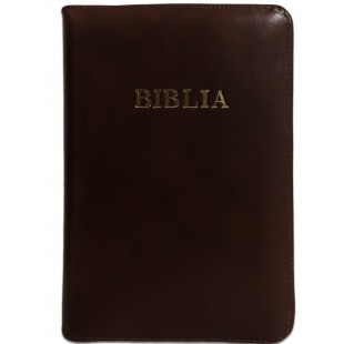 Biblia din piele, marime medie, culoare maro inchis, margini albe, fermoar, cuv. lui Isus cu rosu [053]