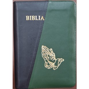 Biblia din piele, marime medie, culoare negru cu verde inchis, fermoar,margini albe,simbol maini in rugaciune, cuv. lui Isus cu rosu [053]
