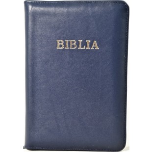 Biblie din piele, marime medie, bleumarin inchis, fermoar, index, margini aurii, cuv. lui Isus cu rosu [SB 057 PFI]