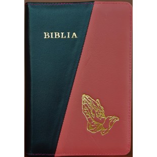 Biblie din piele, marime medie, culoare negru cu roz inchis, simbol maini in rugaciune, fermoar, index, margini aurii, cuv. lui Isus cu rosu [SB 057 PFI]