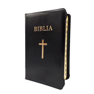 Biblia marime medie, piele ecologica, fermoar, margini aurii, index, simbol cruce, cuv. lui Isus cu rosu [SI 057 FI]