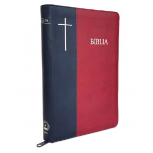  Biblie mare, piele ecologica, bleumarin / visiniu, fermoar, index, cuv. Isus cu rosu [SI 073 FI]