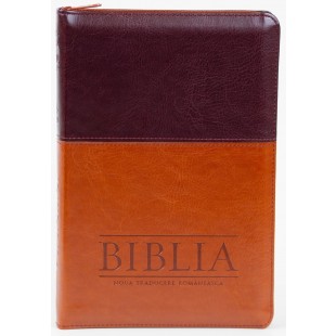Biblia Noua Traducere (Biblia NTR), marime mare, coperta imitatie piele, maro inchis/maro deschis, index, fermoar, margini argintii 
