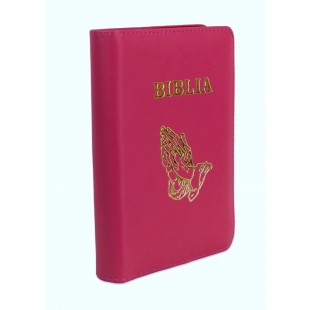 Biblie din piele, marime medie, roz inchis, simbol maini in rugaciune, fermoar, index, margini aurii, cuv. lui Isus cu rosu [SB 057 PFI]