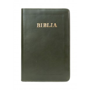 Biblie mare, piele, culoare kaki, fermoar, index, margini argintii, cuv. Isus cu rosu [SI 073 PFI]