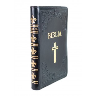 Biblie mare, piele, handmade, neagră, index, margini aurii, cuv. Isus cu rosu [SI 076 HM]