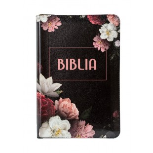 Biblie marime medie, piele ecologică, model floral negru, fermoar, index, margini aurii, cuv. lui Isus cu rosu [057 F]