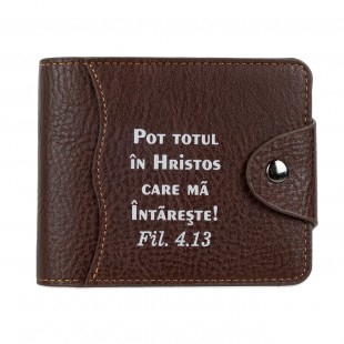 Portofel bărbați cu mesaj crestin, maro - "Pot totul în Hristos"