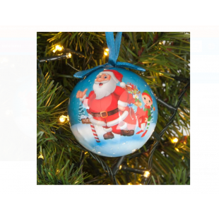 Ornament de Craciun - Glob pentru brad de Crăciun albastru deschis cu spiriduși și cadouri de Moș Crăciun (7.5 cm)