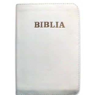 Biblie mare, piele, culoare alba, fermoar, index, margini argintii, simbol simpla, cuv. Isus cu rosu [SI 073 PFI]