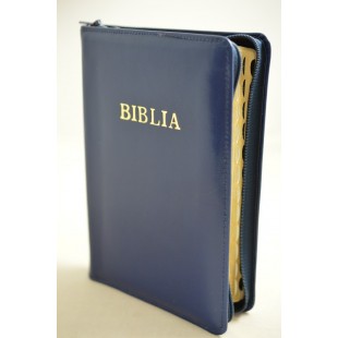 Biblie marime mica, piele,culoare albastru, index, fermoar, margini aurii, cuv. lui Isus in rosu,[047 PFI]