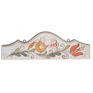 Cuier, suport chei - din lemn cu model cu pasare si flori, alb (31x10cm)