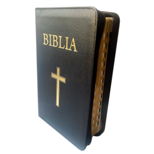 Biblia marime medie, din piele, neagra, fermoar, index, margini aurii,cu cruce [053 PFI]