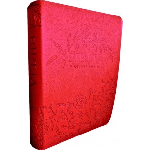 Biblia de studiu pentru femei, marime medie, culoare roz inchis, model floral, margini argintii, cuv. lui Isus cu rosu