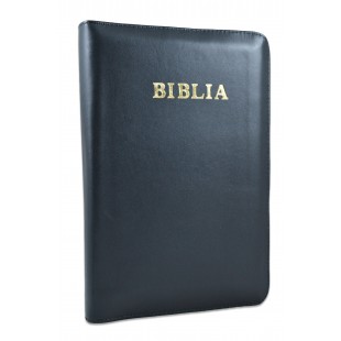 Biblie mare, piele naturală, neagra, fermoar, index, margini argintii, cuv. Isus cu rosu [SI 073 PFI]