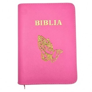Biblia mica, coperta piele, culoare, roz, index, fermoar, margini aurii,  simbolul maini, cuv. lui Isus in rosu [047 PFI]