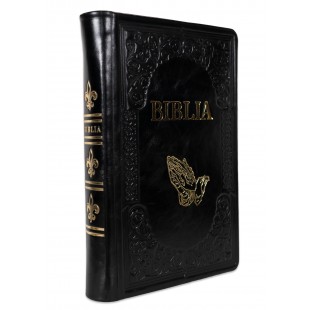 Biblie mare, piele, handmade, neagră, simbol mâini în rugăciune, index, margini aurii, cuv. Isus cu rosu [SI 076 HM]