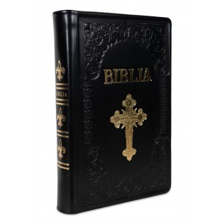 Biblie mare, piele, handmade, neagră, simbol cruce, index, margini aurii, cuv. Isus cu rosu [SI 076 HM]