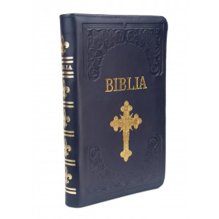 Biblie mare, piele, handmade, bleumarin închis, index, margini aurii, cuv. Isus cu rosu [SI 076 HM]