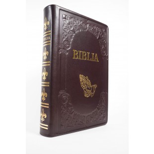 Biblie mare, piele, handmade, bordo închis, simbol mâini în rugăciune, index, margini aurii, cuv. Isus cu rosu [SI 076 HM]