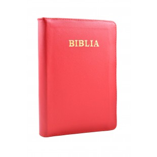Biblia din piele, marime medie, culoare rosu, fermoar, cuv. lui Isus cu rosu [053]