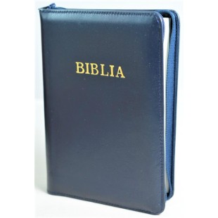 Biblia din piele, marime medie, albastru inchis, fermoar, cuv. lui Isus cu rosu [053]