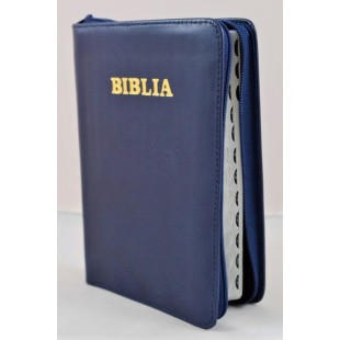 Biblie din piele, marime medie, culoare albastru inchis, simpla, fermoar, index, margini aurii, cuv. lui Isus cu rosu [SB 057 PFI]