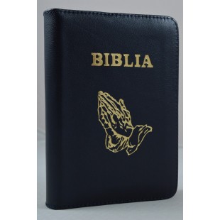 Biblia format mic, din piele, culoare negru , index, fermoar, margini argintii, cu maini in ruga cuv. lui Isus in rosu [047 PFI]