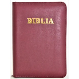 Biblia format mic, din piele, culoare visinie, index, fermoar, margini aurii, cuv. lui Isus in rosu [047 PFI]
