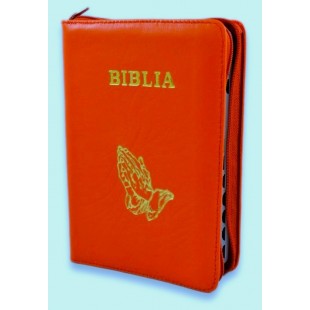 Biblie din piele, marime medie,culoare portocaliu, fermoar, index,simbol maini in ruga margini argintii, cuv. lui Isus cu rosu [SB 057 PFI]