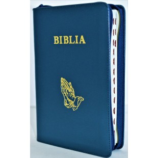 Biblie mare, piele, albastră, fermoar, index, margini argintii, simbol maini in ruga, cuv. Isus cu rosu [SI 073 PFI]