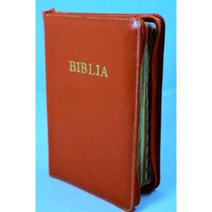 Biblie din piele, marime medie, portocaliu, fermoar, index, margini aurii, cuv. lui Isus cu rosu [SB 057 PFI]