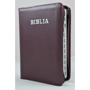 Biblie din piele, marime medie, visiniu, simpla, fermoar, index, margini aurii, cuv. lui Isus cu rosu [SB 057 PFI]