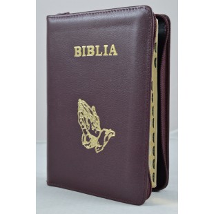 Biblie din piele, marime medie, culoare visiniu simbol maini in rugaciune, fermoar, index, margini aurii, cuv. lui Isus cu rosu [SB 057 PFI]