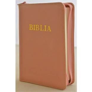 Biblia mica, coperta piele, culoare, roz plămâniu, index, fermoar, margini aurii, cuv. lui Isus in rosu [047 PFI]
