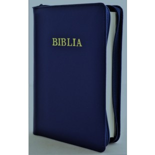 Biblie din piele, marime medie, culoare, albastru indigo, fermoar, index, margini aurii, cuv. lui Isus cu rosu [SB 057 PFI]
