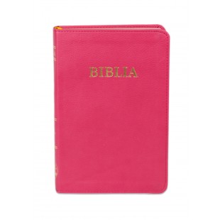 Biblia din piele, marime medie, roz, fara fermoar, index pe cotor, margini aurii, cuv. lui Isus in rosu [057 TI]