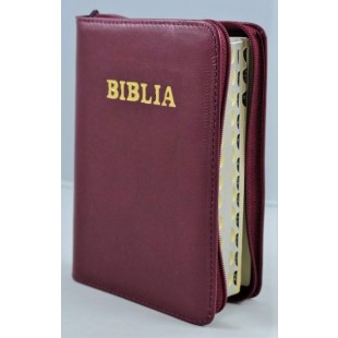 Biblia format mic, din piele, culoare visiniu, index, fermoar, margini aurii, cuv. lui Isus in rosu [047 PFI]
