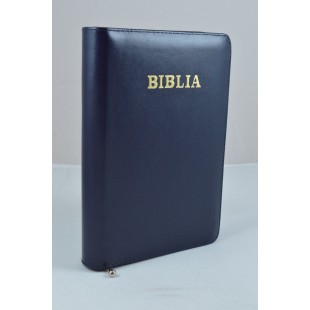 Biblie din piele, marime medie, neagra cu fermoar albastru, index, margini aurii, cuv. lui Isus cu rosu [SB 057 PFI]